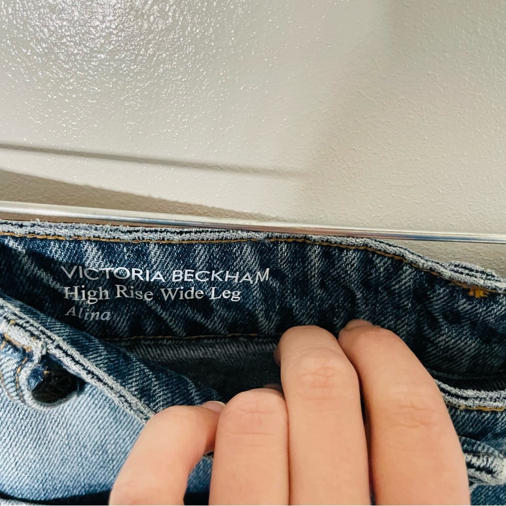 Victoria Beckham Alina High Waist Wide Leg Jeans Worn Blue Wash Distressed Denim - Picture 11 of 11